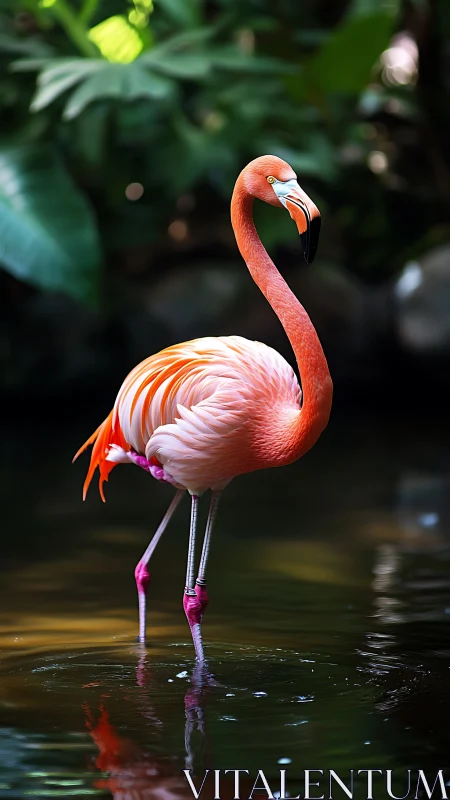 Solitary pink flamingo standing in reflective shallow water.