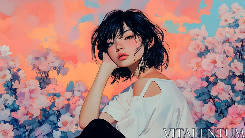 Digital portrait of seated woman amid stylized floral field.