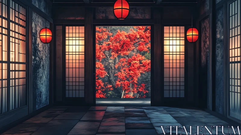 Quiet lantern hall opening onto glowing crimson garden.