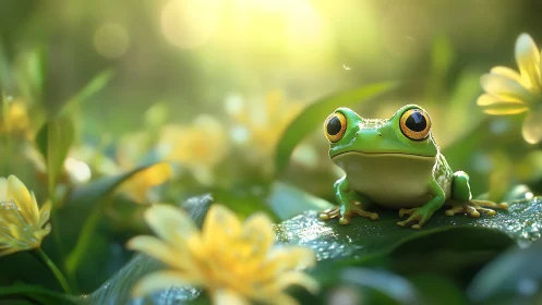 Sunlit tree frog poised on dewy leaf among blossoms.