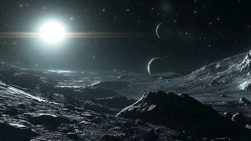 Starlit icy terrain shows distant planets above rough horizon