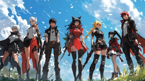 Anime combat squad aligned under dynamic cloud-swept sky