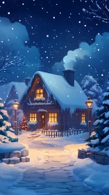 Snow covered cottage with lampposts on winter night.
