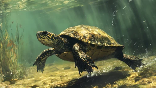Freshwater turtle swimming through sunlit riverbed scene.