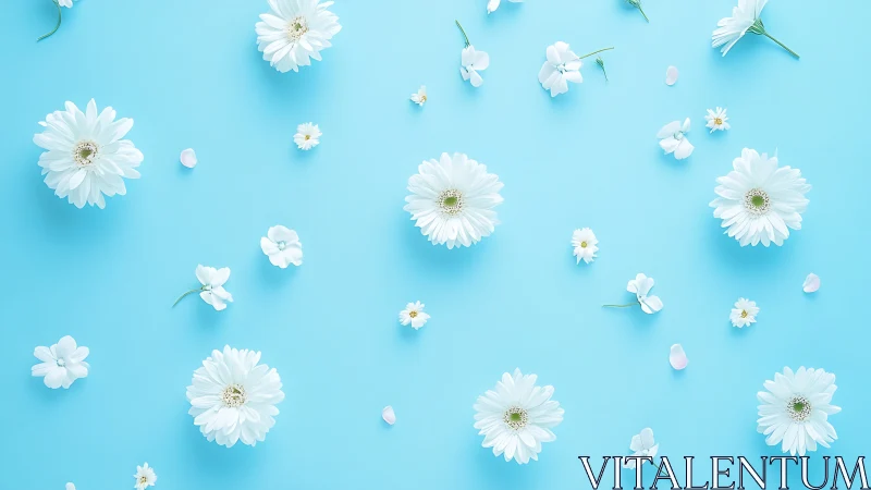 White Flowers and Petals Arranged on Pastel Blue Surface
