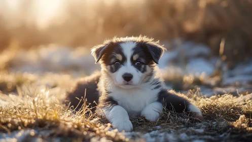 Backlit tricolor herding puppy in shallow depth-of-field meadow.