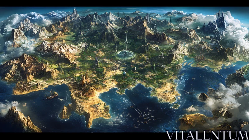 Expansive fantasy continent map with luminous coastal seas.