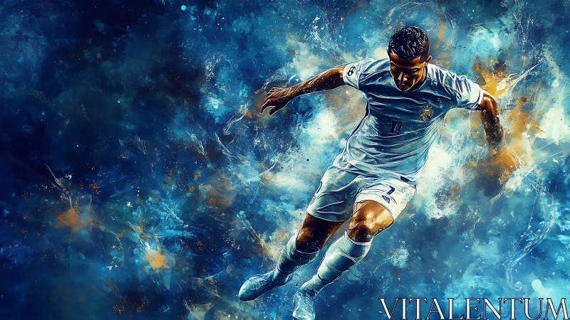 Dynamic football forward sprints through electric blue energy.