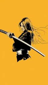Sword wielding woman in bold yellow graphic art poster.