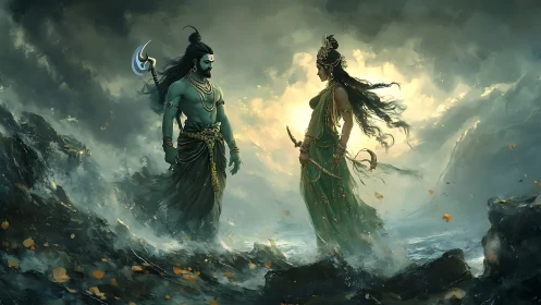 Divine warrior couple confronts the stormy ocean horizon.
