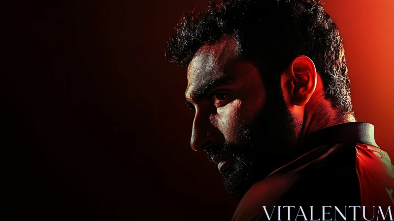 Side-lit male profile in red-toned low-key portrait setup.