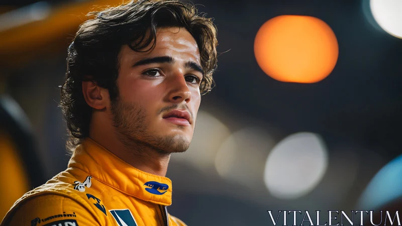 Quietly confident racer gazes ahead under glowing track lights