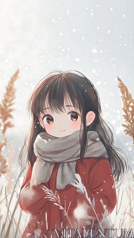 Winter meadow girl smiles softly amid falling snowflakes.