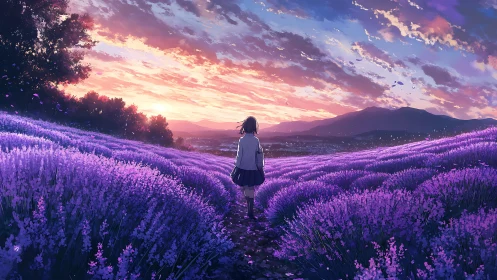 Girl walks through violet lavender fields at sunset.