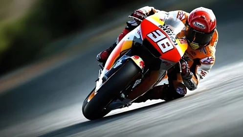 Motorcycle racer leaning into fast track cornering shot.