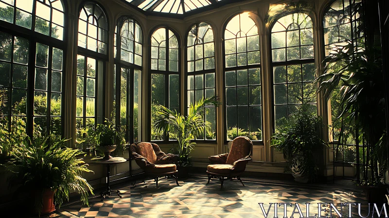 Photorealistic conservatory interior with lush botanical seating.