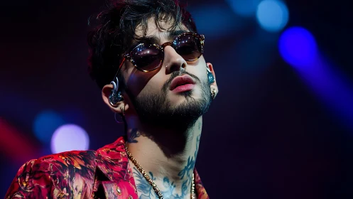 Neon-lit singer soaking in the spotlight onstage tonight.