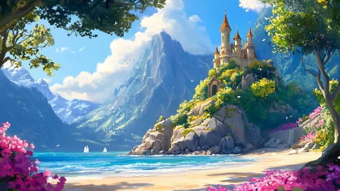 Fantasy Castle Architectural Composition with Alpine Valley Landscape.