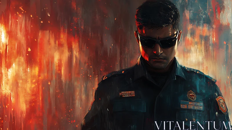 Stoic security officer framed by abstract burning backdrop.