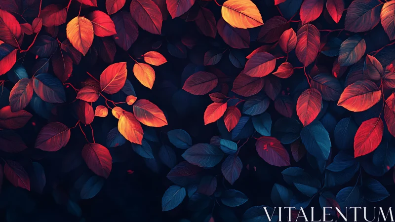 Crimson leaves whisper quietly across a midnight blue forest