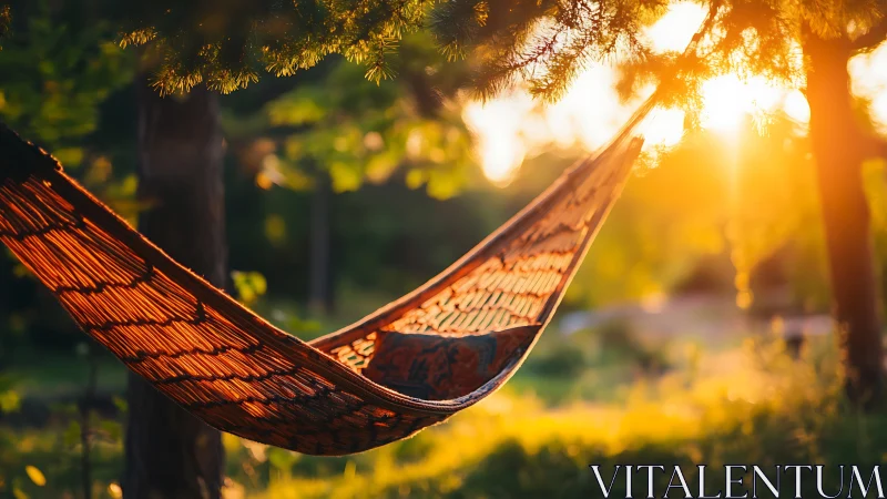 Woven hammock suspended between trees at sunset.
