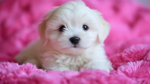 White puppy rests on vivid pink faux fur in shallow focus
