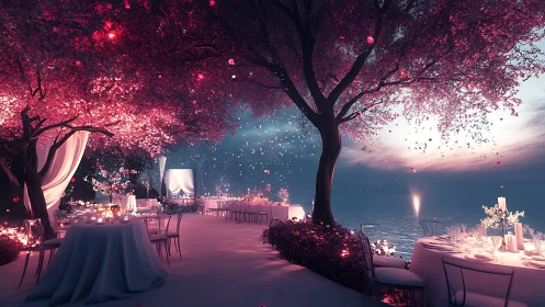 Moonlit cherry blossom banquet glows beside a peaceful lake