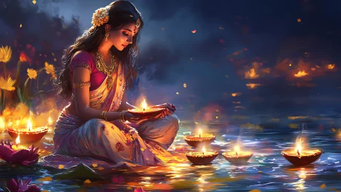 Lamp-lit river prayer glows around a serene festival muse.