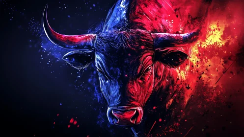Digital bull portrait with split red and blue palette.
