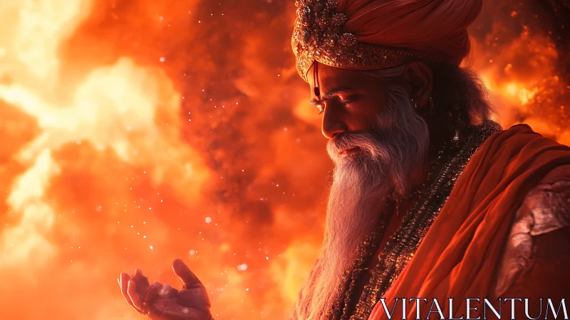 Serene sage in glowing firelit robes, holding quiet power.