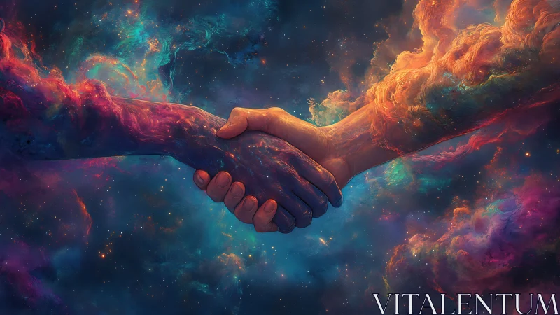 Cosmic nebula handshake unifies human silhouettes in space
