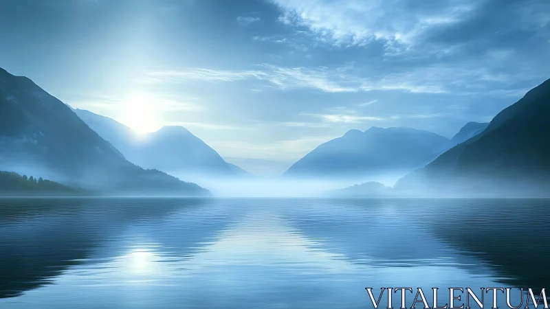 Sunlit mist aligns with distant mountains across calm water