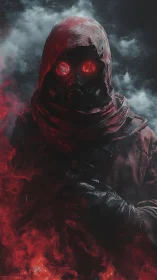 Hooded figure in gas mask with red smoke and glowing eyes.
