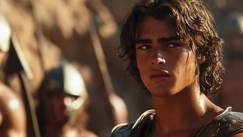 Young bronze warrior under harsh battlefield sunlight.