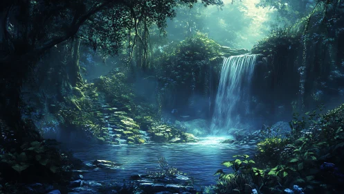 Enchanted Waterfall in Mystical Forest Oasis