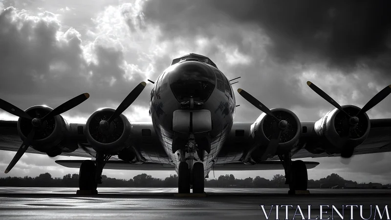 Vintage bomber aircraft waits on wet runway under storm clouds.