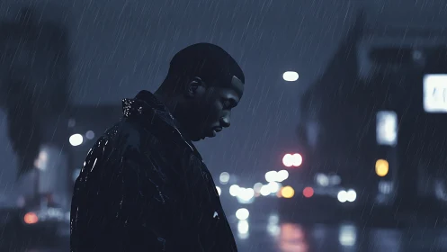 Solitary figure in neon city rain at night street corner.