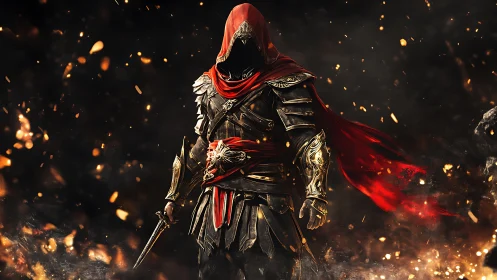 Scarlet-hooded shadow knight strolling through embers of war.