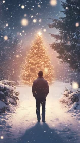 Solitary figure admires glowing Christmas tree in snowfall