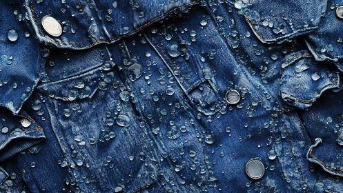 Wet denim jacket with water droplets and stitching detail.