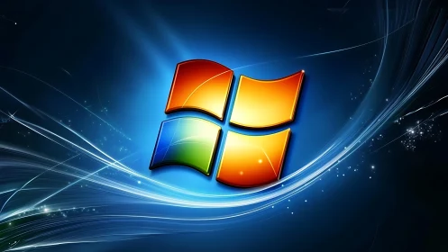 Glowing glass window logo floats over blue light trails