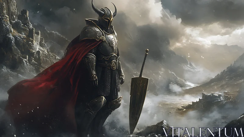 Horned black knight guards desolate mountain pass in storm