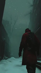 Figure in red coat moves through narrow snowy urban alley