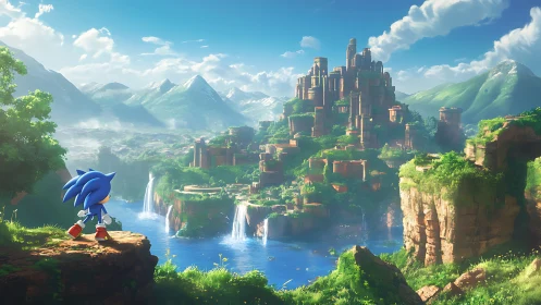 Sonic stands on cliff edge overlooking vast waterfall city