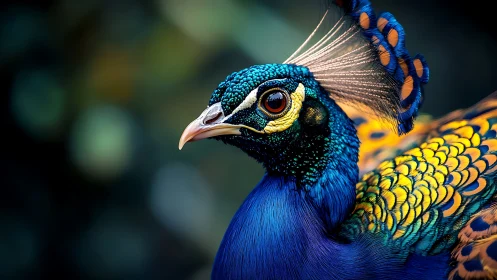 Vibrant close-up of peacock in vivid colors, detailed artistic style.
