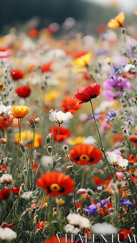 Vibrant Wildflower Meadow with Red Poppies and Selective Focus