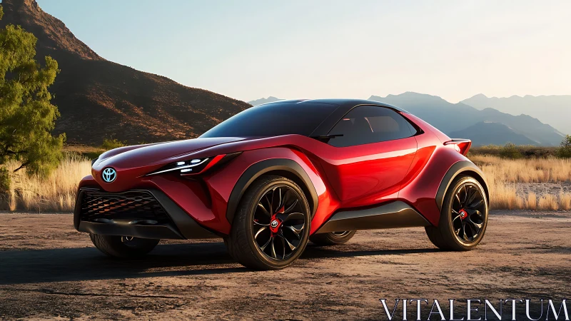 Red Toyota crossover concept car on desert mountain road.