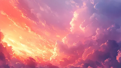 Radiant digital sky with warm pink and orange clouds.