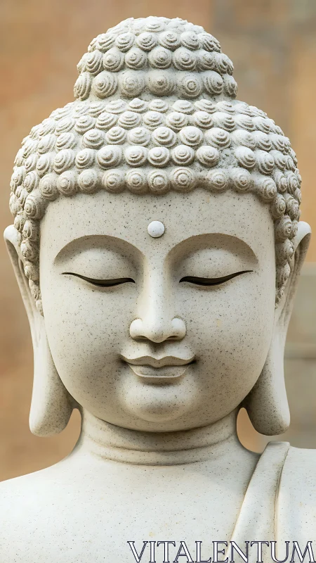 Stone Buddha head statue with calm closed eyes and detail.