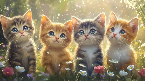 Four Enchanted Kittens in a Magical Garden Glow